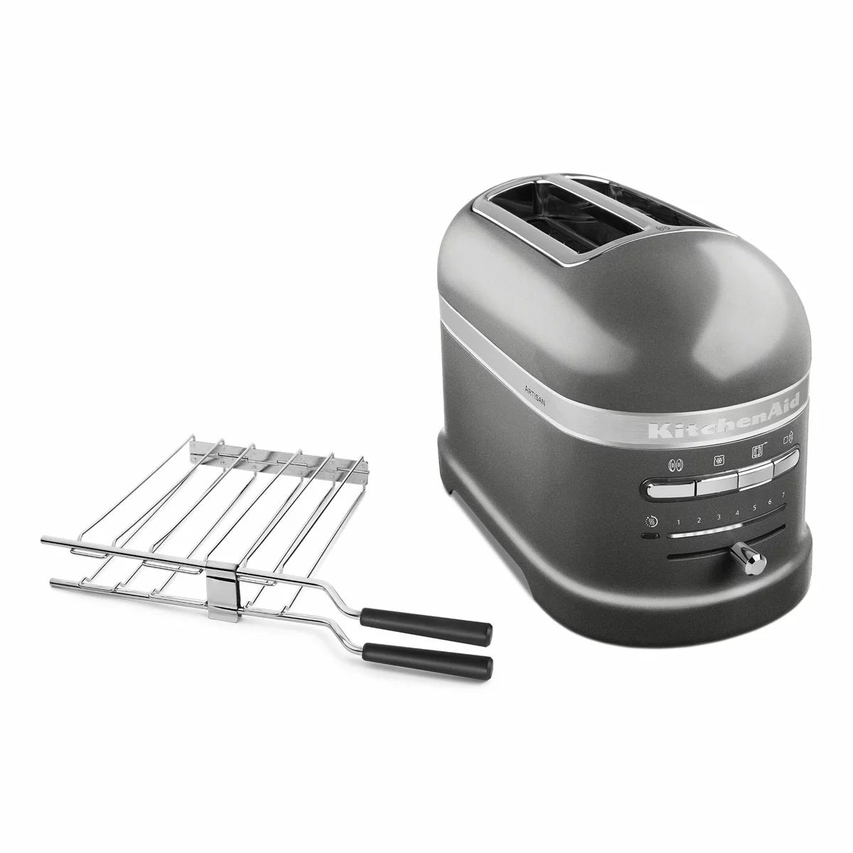 Front angle view of the die-cast KitchenAid Artisan 2-slot toaster on a modern wooden kitchen countertop alongside a toasted sandwich on the included stainless steel rack.