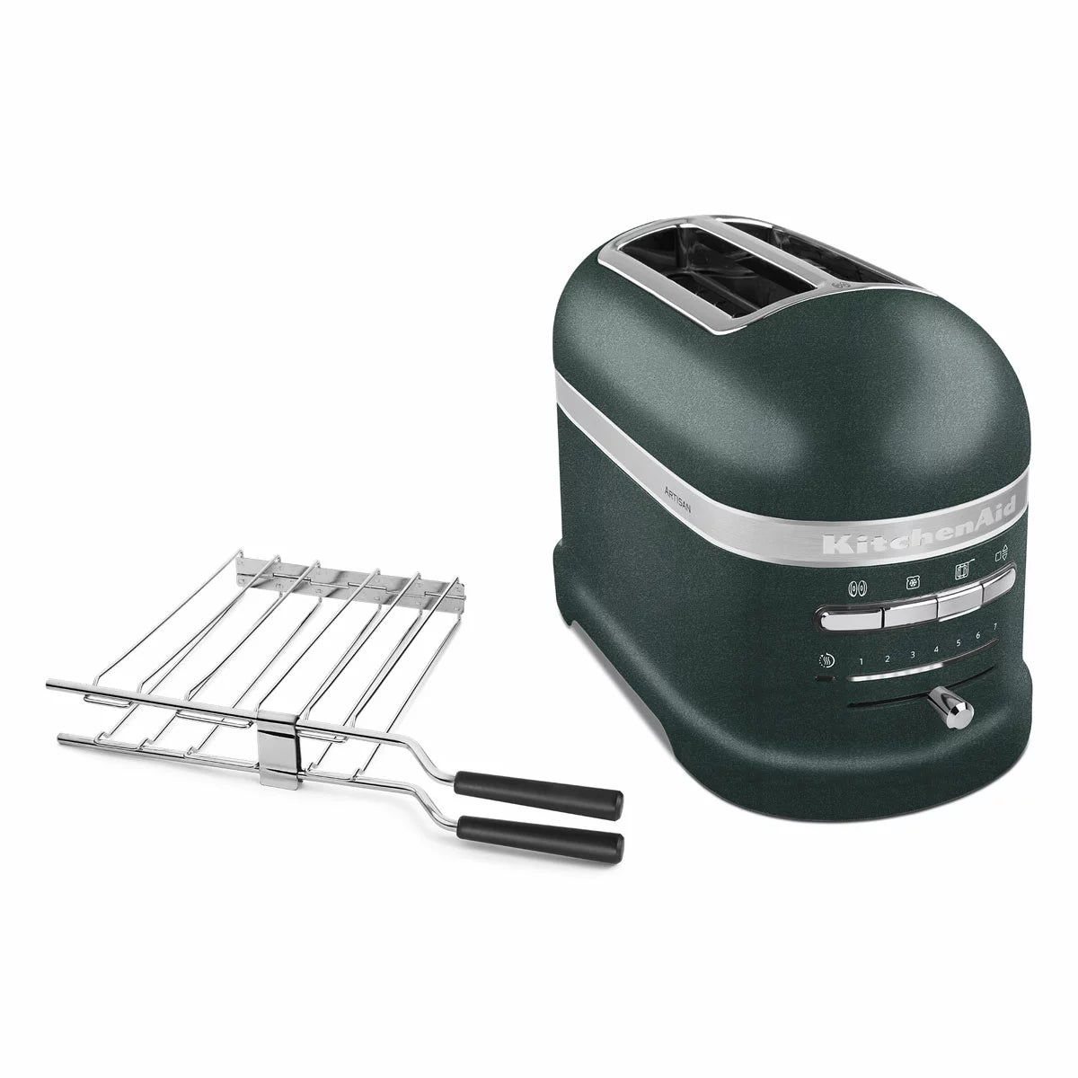 Front angle view of the die-cast KitchenAid Artisan 2-slot toaster on a modern wooden kitchen countertop alongside a toasted sandwich on the included stainless steel rack.