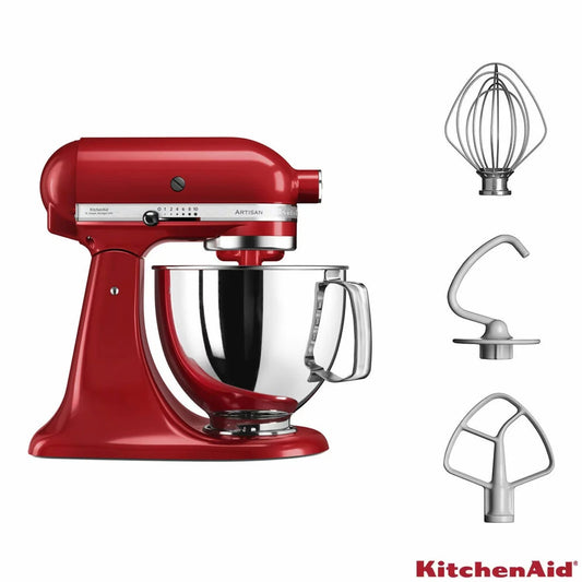 Iconic Empire Red KitchenAid Artisan tilt-head stand mixer with a 4.8L stainless steel bowl and attached stainless wire whisk set on a clean kitchen counter.