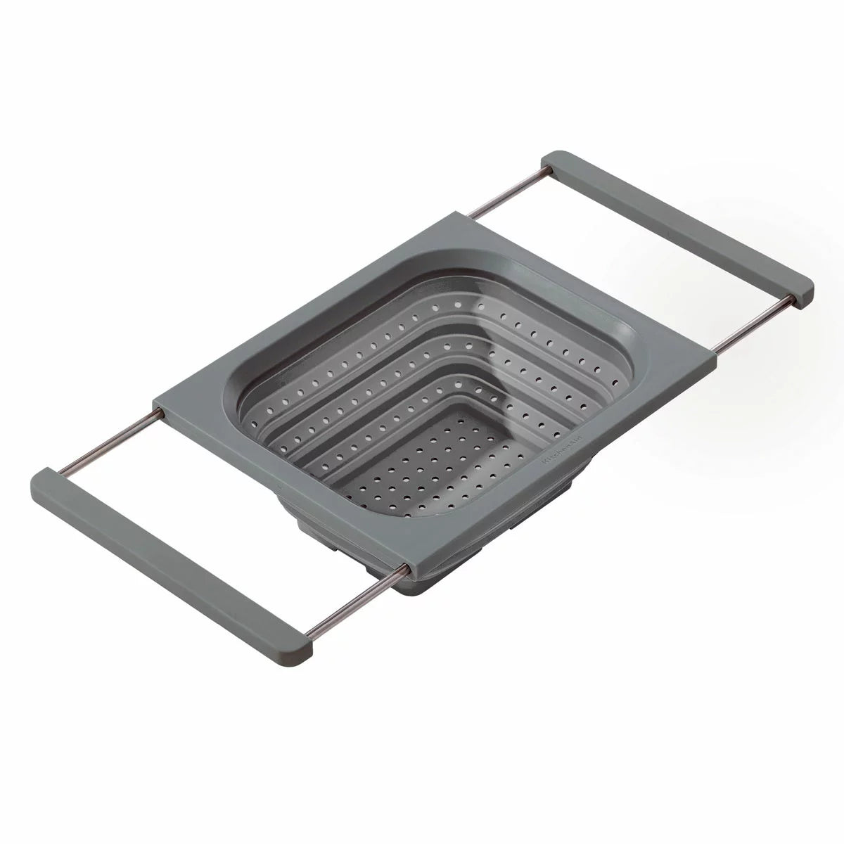 KitchenAid collapsible colander in grey and red showing space-saving flat design for kitchen storage.