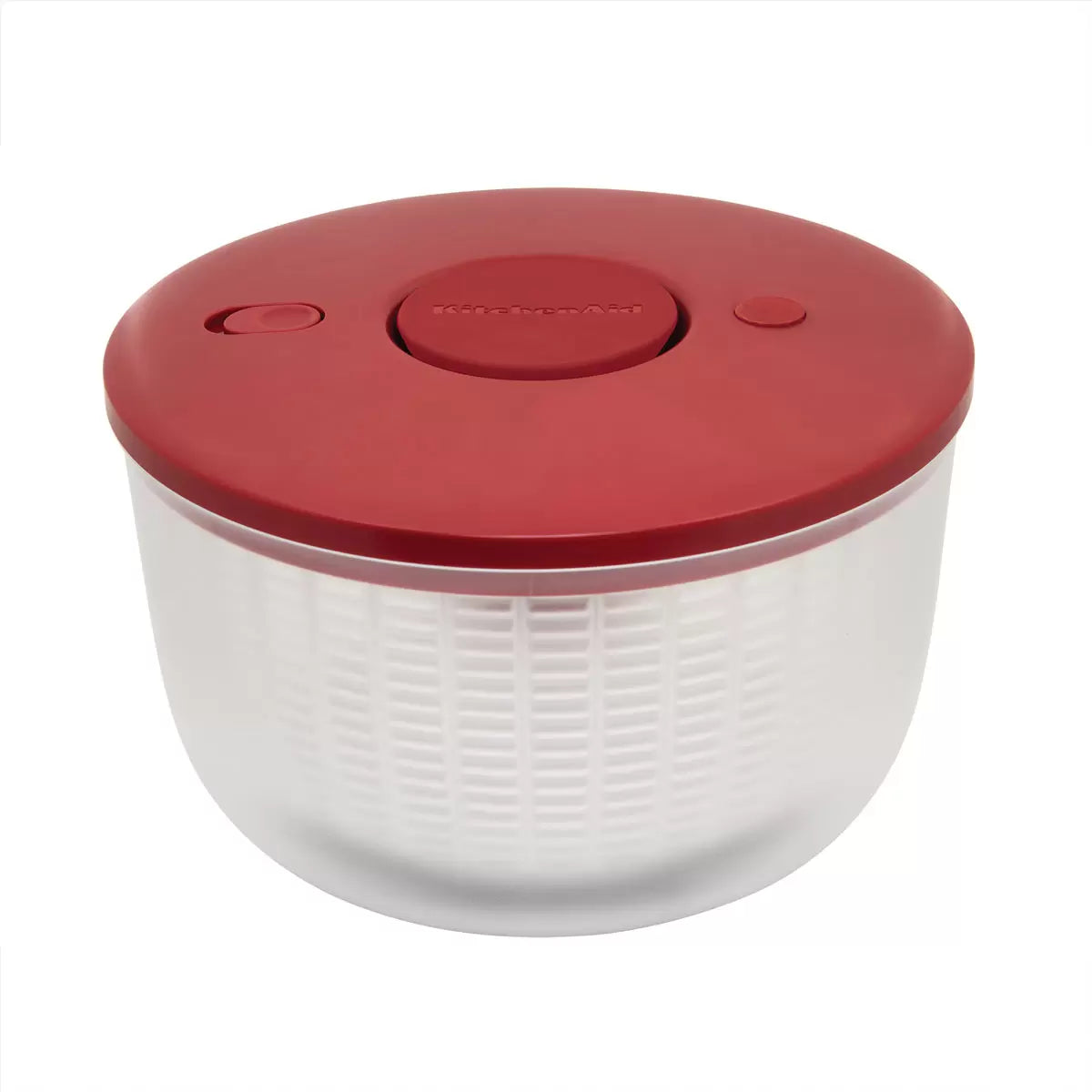 KitchenAid Salad Spinner in red and black available, demonstrating the pump-action drying mechanism on a clean kitchen countertop.