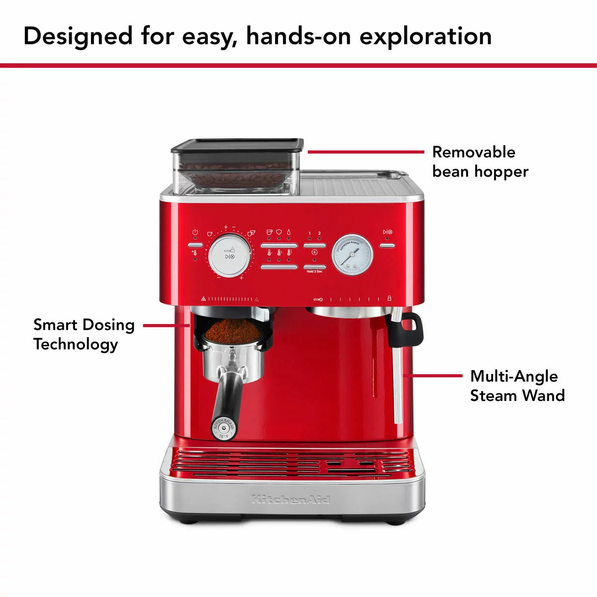 KitchenAid Candy Apple red semi automatic espresso machine with built in burr grinder, 58mm portafilter, and stainless steel milk pitcher on a clean kitchen countertop.