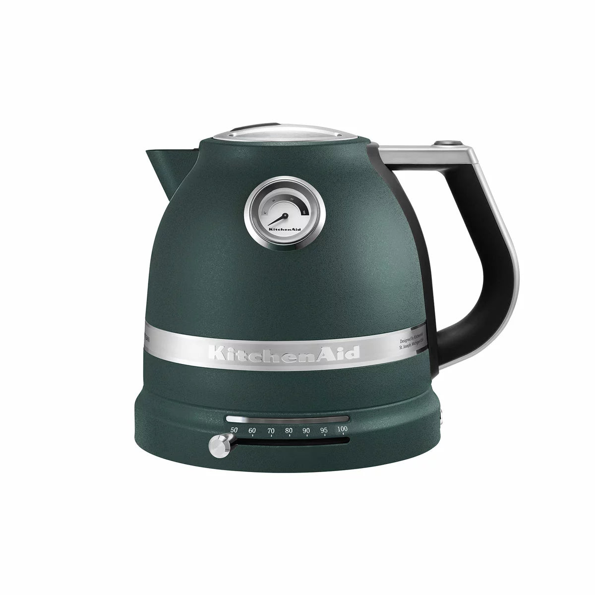 KitchenAid 1.5L retro-style variable temperature kettle in cream with analogue gauge on side resting on a modern wooden kitchen countertop.