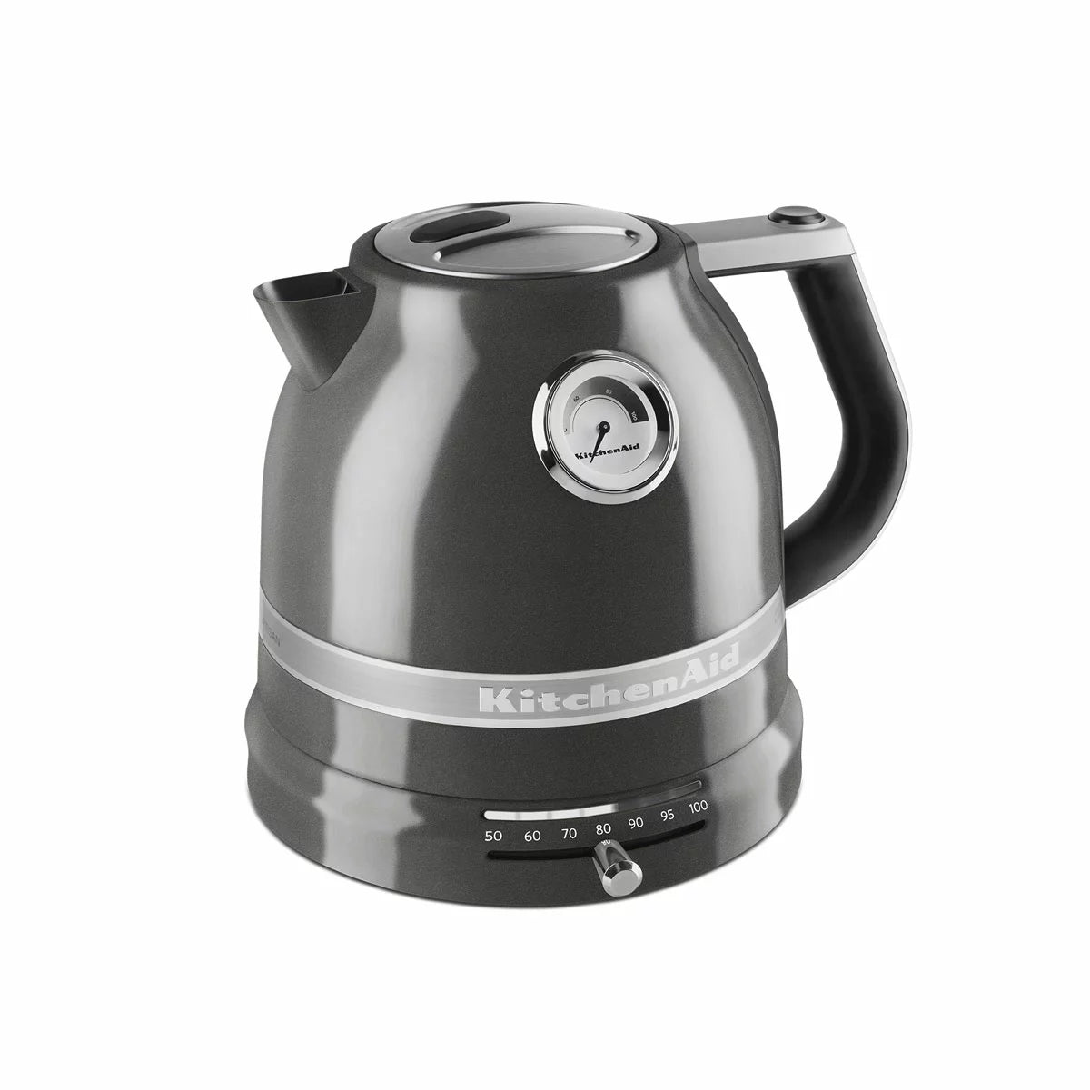 KitchenAid 1.5L retro-style variable temperature kettle in cream with analogue gauge on side resting on a modern wooden kitchen countertop.