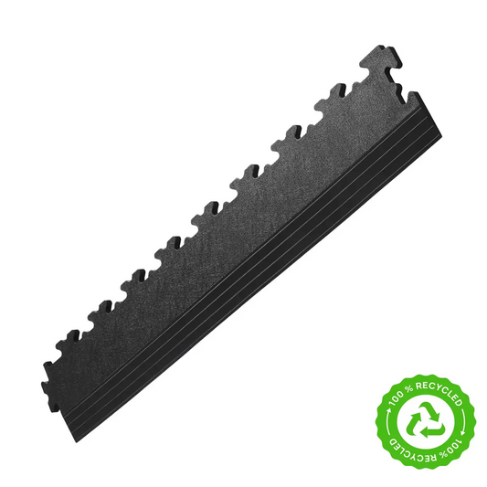 Black and graphite Klikflor X500 5mm interlocking garage floor ramp displaying bevelled edge profile and interlocking teeth on concrete workshop floor.