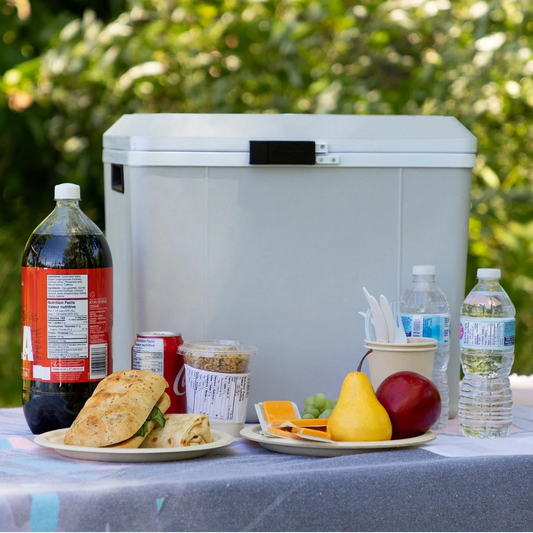 A side-angle shot of the matte grey Koolatron 27L electric cooler box standing upright as a mini-fridge on a gravel campsite, showing its durable injection-molded plastic exterior and sturdy inset handles.
