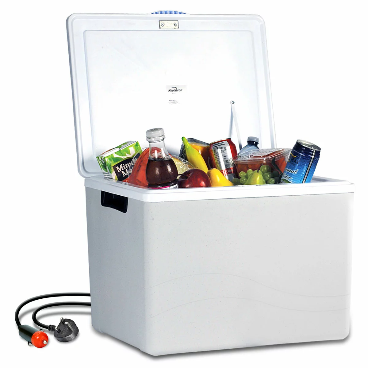 Sleek grey injection-molded Koolatron 34L electric cooler standing upright as a mini fridge on a wooden campervan counter with drinks neatly organized inside.