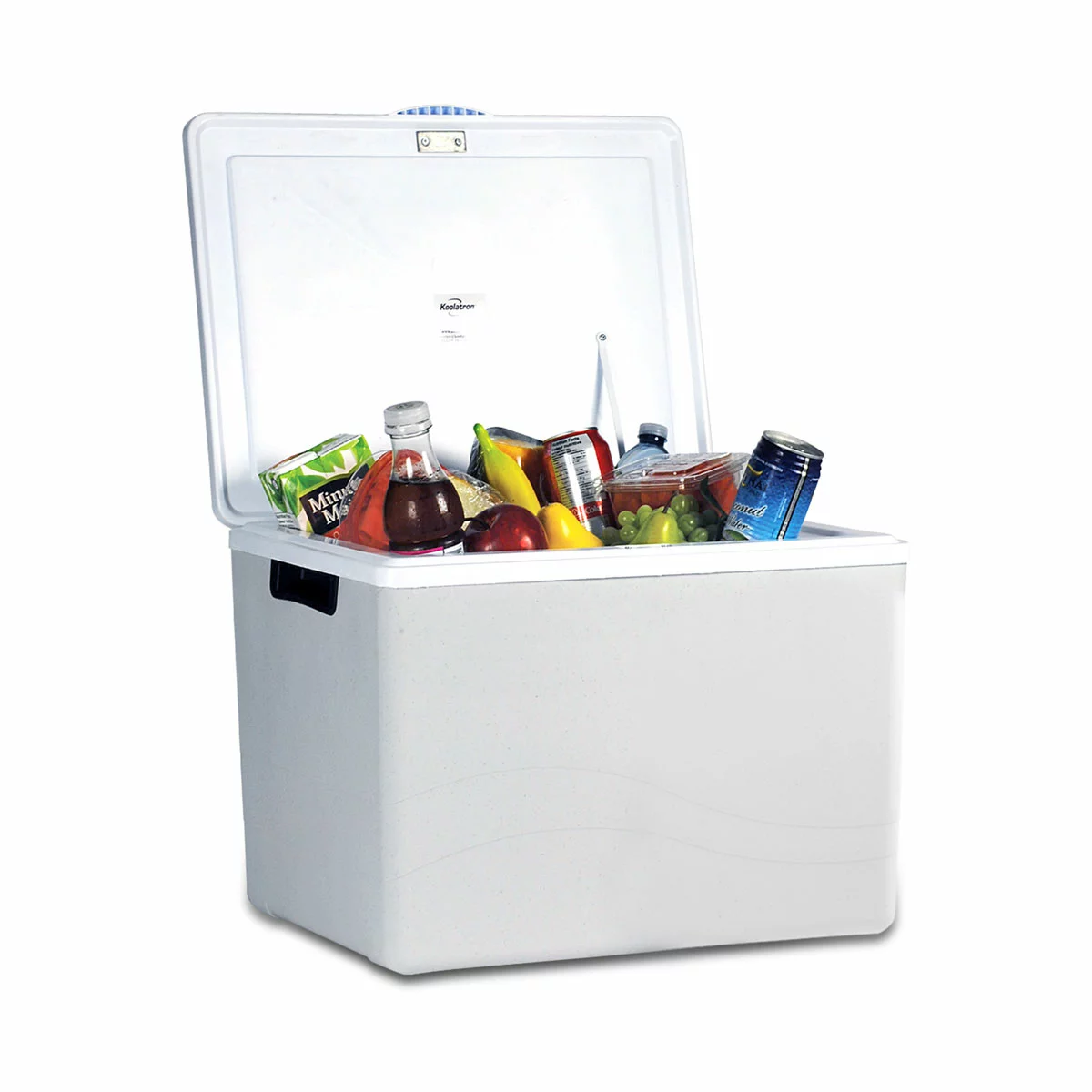 Sleek grey injection-molded Koolatron 34L electric cooler standing upright as a mini fridge on a wooden campervan counter with drinks neatly organized inside.