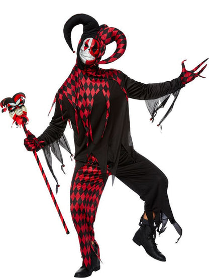Front view of the adult Krazed Jester costume featuring a black and red checkered tunic, jagged collar, and matching jester hood set against a plain background.
