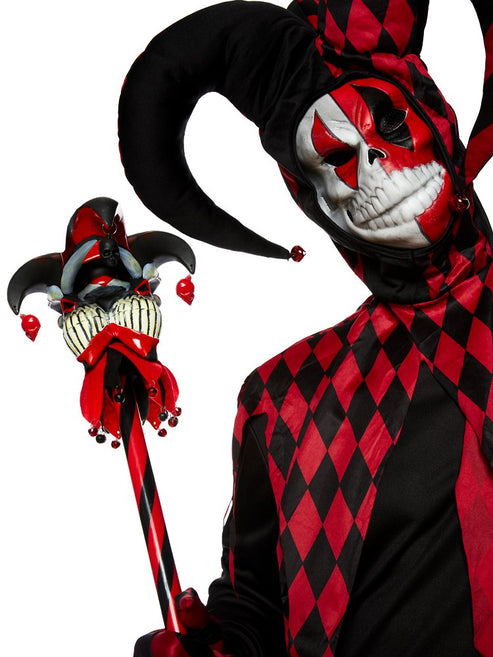 Front view of the adult Krazed Jester costume featuring a black and red checkered tunic, jagged collar, and matching jester hood set against a plain background.