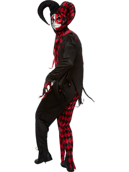 Front view of the adult Krazed Jester costume featuring a black and red checkered tunic, jagged collar, and matching jester hood set against a plain background.