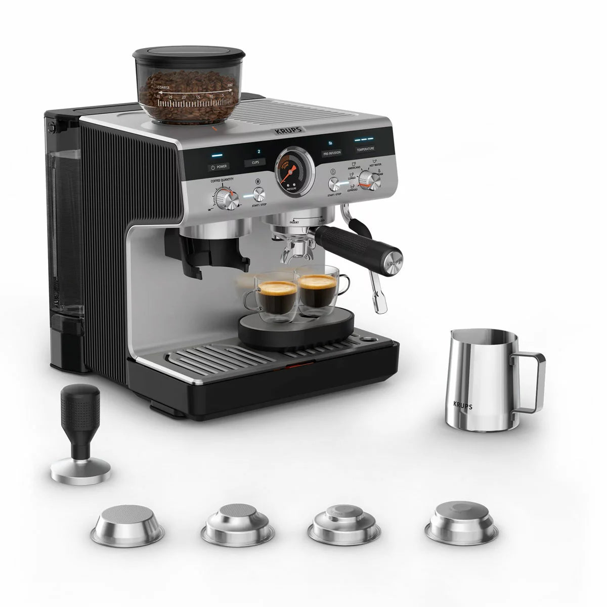 Front angle view of the black and stainless steel Krups XP801TG0 espresso machine showing the top bean hopper, portafilter attached to the group head, steam wand, and metal drip tray on a clean kitchen counter.