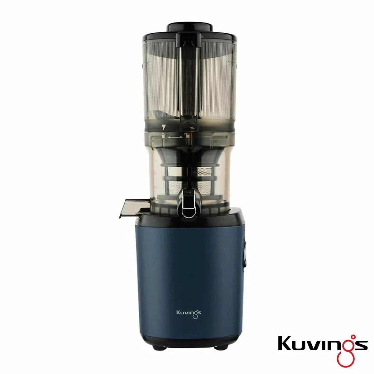 The sleek Kuvings AUTO6 juicer in a modern kitchen setting, showing the large 1.7L auto-hopper filled with fresh apples and citrus, with juice and pulp containers positioned below.