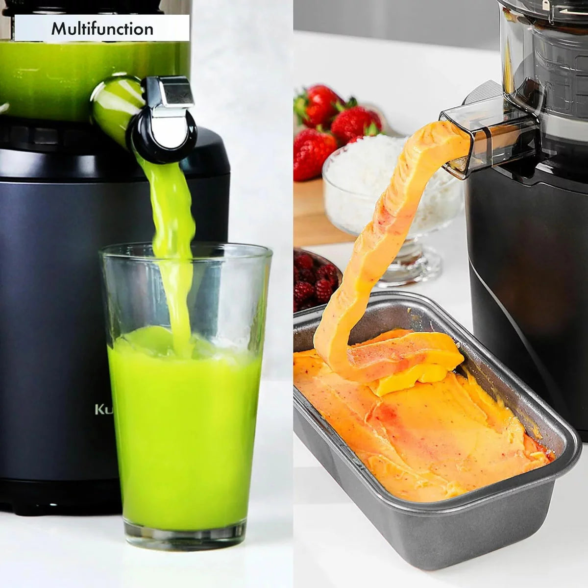 The sleek Kuvings AUTO6 juicer in a modern kitchen setting, showing the large 1.7L auto-hopper filled with fresh apples and citrus, with juice and pulp containers positioned below.