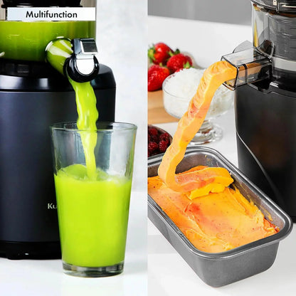 The sleek Kuvings AUTO6 juicer in a modern kitchen setting, showing the large 1.7L auto-hopper filled with fresh apples and citrus, with juice and pulp containers positioned below.