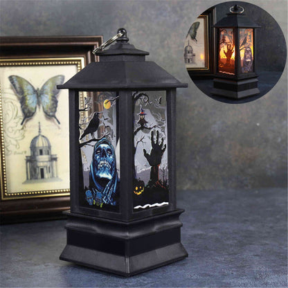 An acrylic LED Halloween square wind light featuring a soft glow and a metal hanging ring displayed on a festive tabletop