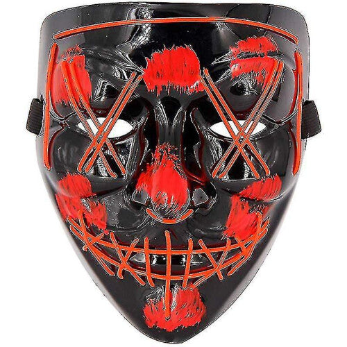 Front view of a black full face Halloween scary cosplay mask illuminated with vibrant glowing orange EL wire against a dark background.