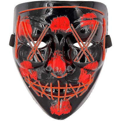 Front view of a black full face Halloween scary cosplay mask illuminated with vibrant glowing orange EL wire against a dark background.