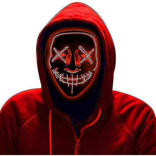 Front view of a black full face Halloween scary cosplay mask illuminated with vibrant glowing orange EL wire against a dark background.