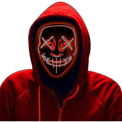 Front view of a black full face Halloween scary cosplay mask illuminated with vibrant glowing orange EL wire against a dark background.