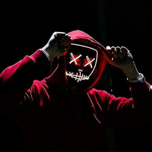 Front view of a black full face Halloween scary cosplay mask illuminated with vibrant glowing orange EL wire against a dark background.