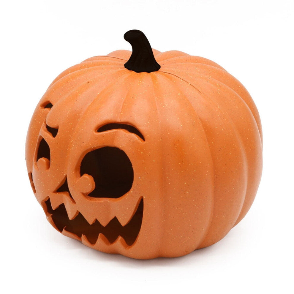 A 9.05x7.48in resin LED pumpkin and hooded skull lantern glowing eerily on a dark party display table.