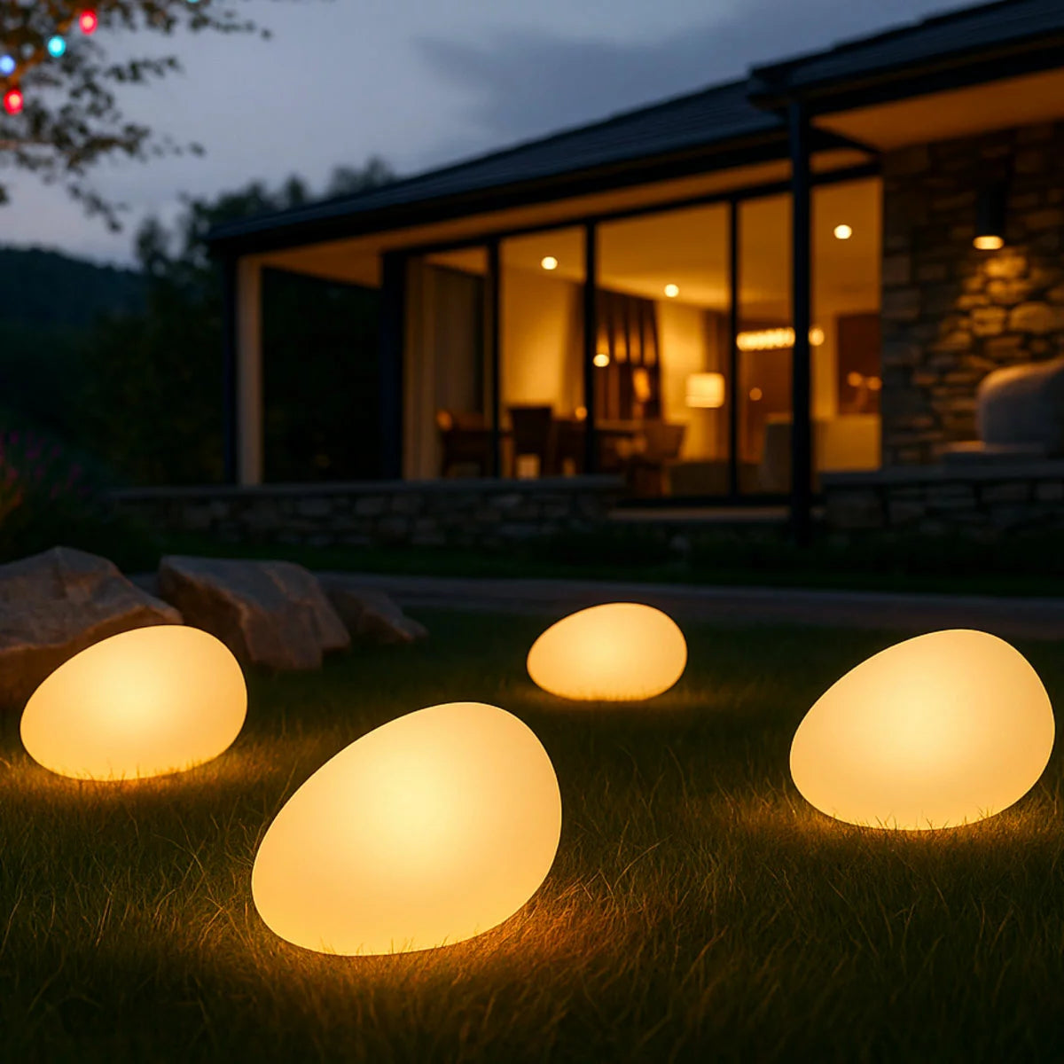 Set of four LED solar glowing stones lighting up a stone garden path at night.