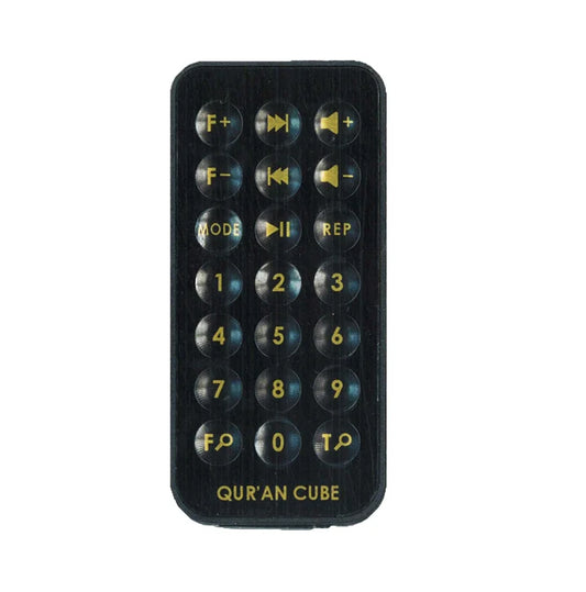 Front view of the compact black LED X replacement remote control displaying rubber buttons for Quran track navigation and light adjustments.