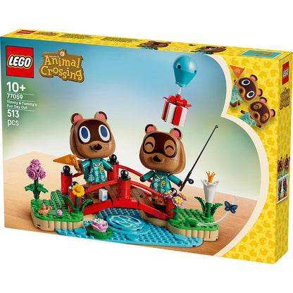 Front view of the LEGO Animal Crossing Timmy and Tommy 77059 set featuring brick-built figures fishing on a bridge with water and tree surroundings on a clean white background.