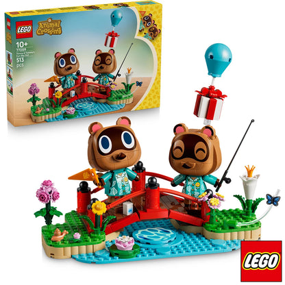 Front view of the LEGO Animal Crossing Timmy and Tommy 77059 set featuring brick-built figures fishing on a bridge with water and tree surroundings on a clean white background.