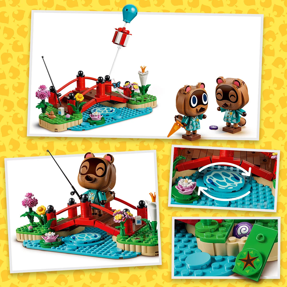 Front view of the LEGO Animal Crossing Timmy and Tommy 77059 set featuring brick-built figures fishing on a bridge with water and tree surroundings on a clean white background.