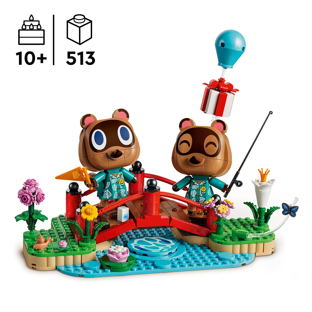 Front view of the LEGO Animal Crossing Timmy and Tommy 77059 set featuring brick-built figures fishing on a bridge with water and tree surroundings on a clean white background.