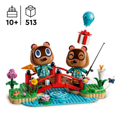 Front view of the LEGO Animal Crossing Timmy and Tommy 77059 set featuring brick-built figures fishing on a bridge with water and tree surroundings on a clean white background.