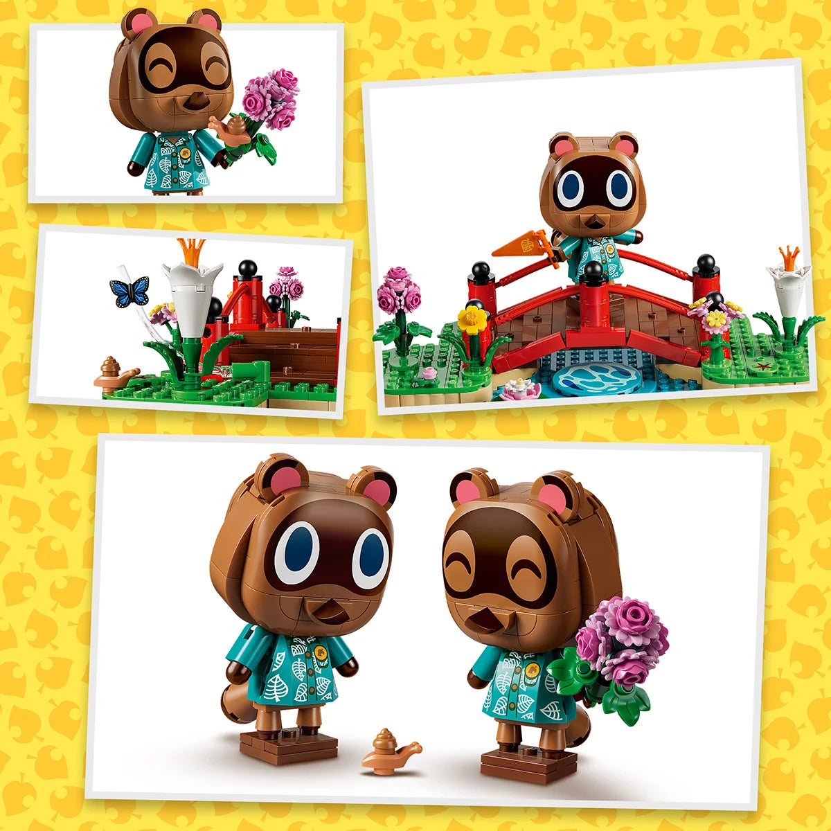 Front view of the LEGO Animal Crossing Timmy and Tommy 77059 set featuring brick-built figures fishing on a bridge with water and tree surroundings on a clean white background.