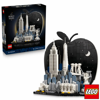 Front studio shot of the built LEGO Architecture 21066 New York City display showing white skyscrapers framed inside a black apple-shaped backdrop.