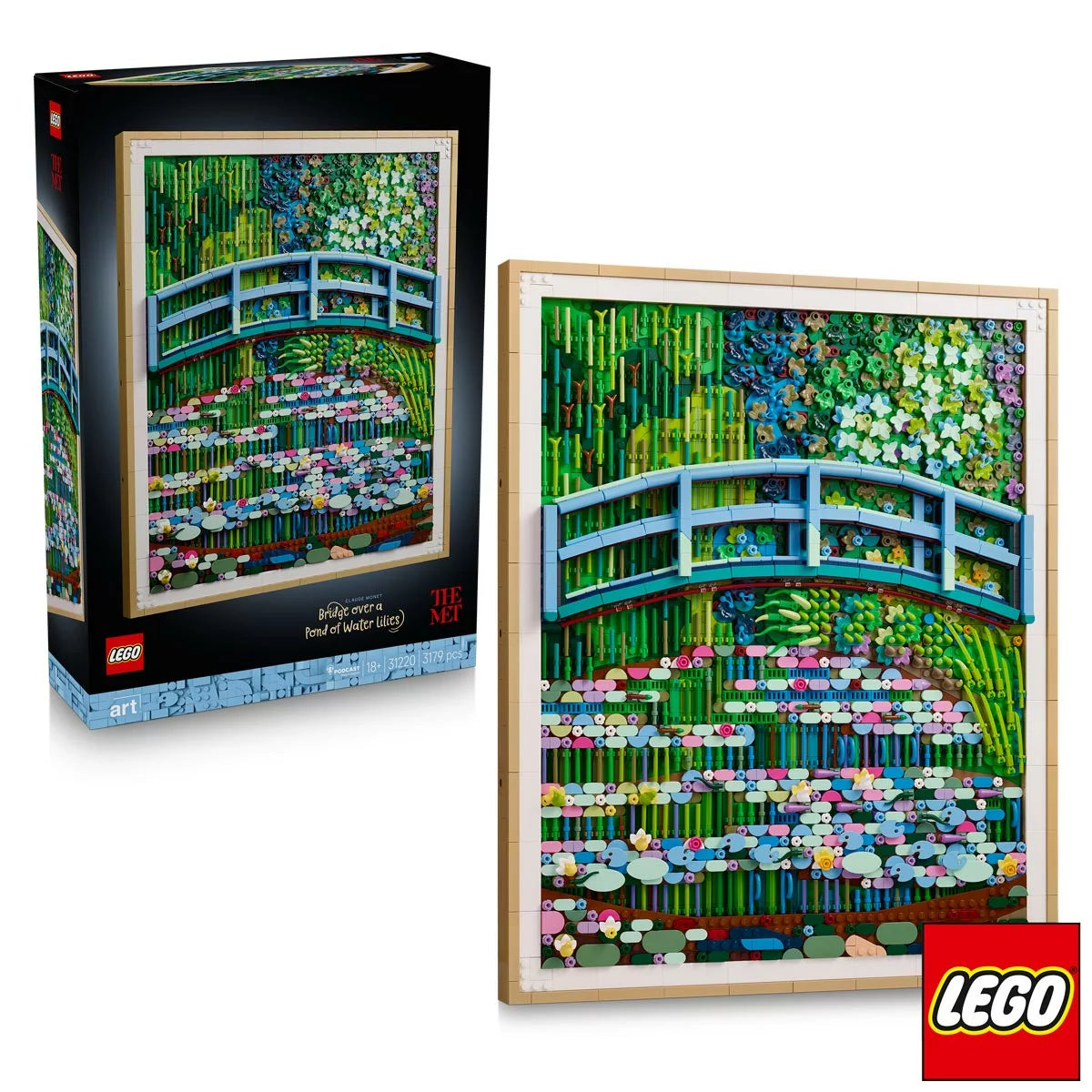 Front view of the built LEGO 31220 Claude Monet Water Lilies 3D wall art framed painting showing a light green bridge over a pond full of colorful textured flowers.