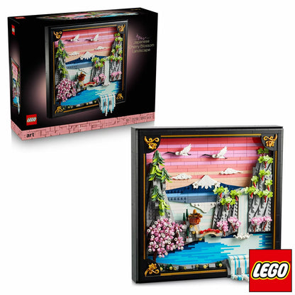 Front angle view of the LEGO 31218 Japanese Cherry Blossom Landscape set in a black frame showing Mount Fuji, pink cherry blossoms, and an adjusting 3D waterfall.