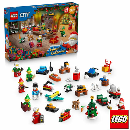 Front view of the unopened LEGO City Advent Calendar 2026 packaging box showing model number 60510 and colorful festive mini-build illustrations set against a bright holiday backdrop.