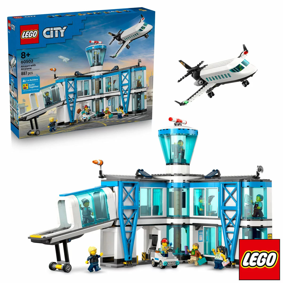 Wide shot of the LEGO City Airport 60502 set featuring a blue and white passenger plane attached to a yellow jet bridge, a multi-room terminal building, luggage tug, and nine minifigures on a bright surface.