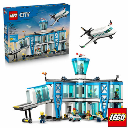 Wide shot of the LEGO City Airport 60502 set featuring a blue and white passenger plane attached to a yellow jet bridge, a multi-room terminal building, luggage tug, and nine minifigures on a bright surface.