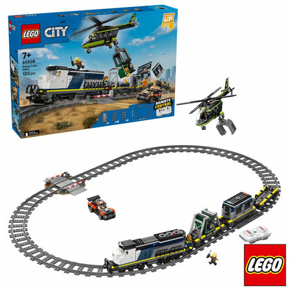 Three-quarter side view of the built blue LEGO 60508 police train traveling on tracks while a red helicopter flies overhead with a grabbing claw.