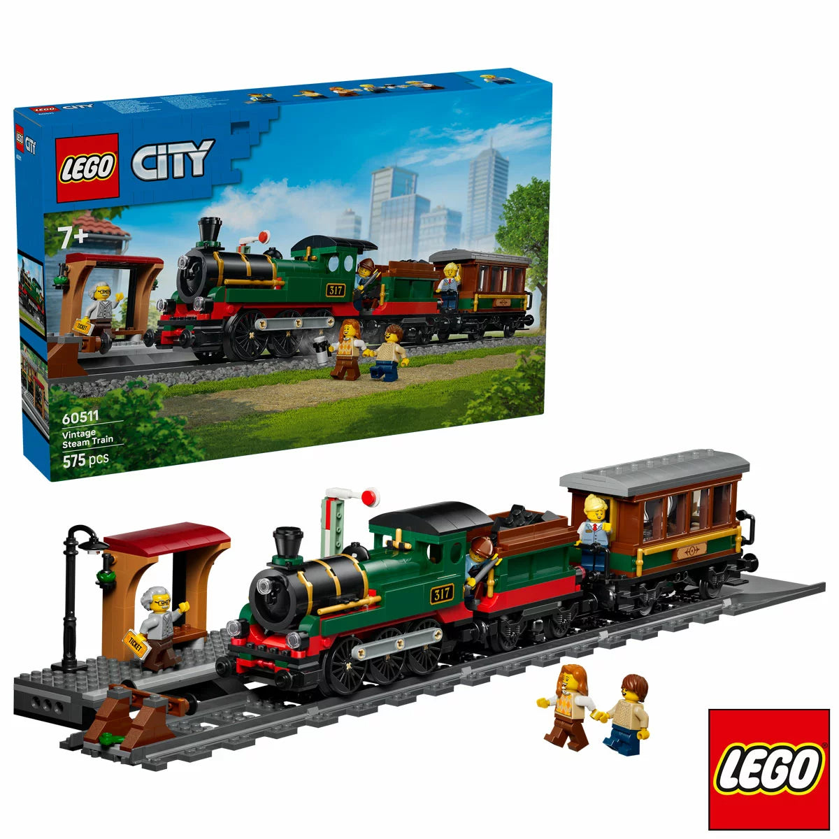 Side profile view of the black LEGO City Vintage Steam Train with red wheels pulling a coal tender and passenger car along a section of track next to a station platform.