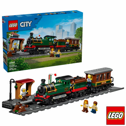 Side profile view of the black LEGO City Vintage Steam Train with red wheels pulling a coal tender and passenger car along a section of track next to a station platform.