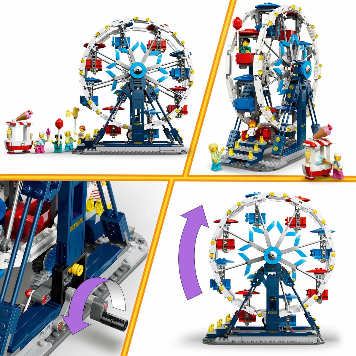 Front angle view of the colorful LEGO Creator 3-in-1 Ferris Wheel featuring eight passenger carriages, an ice cream stand, and four minifigures on a white surface.