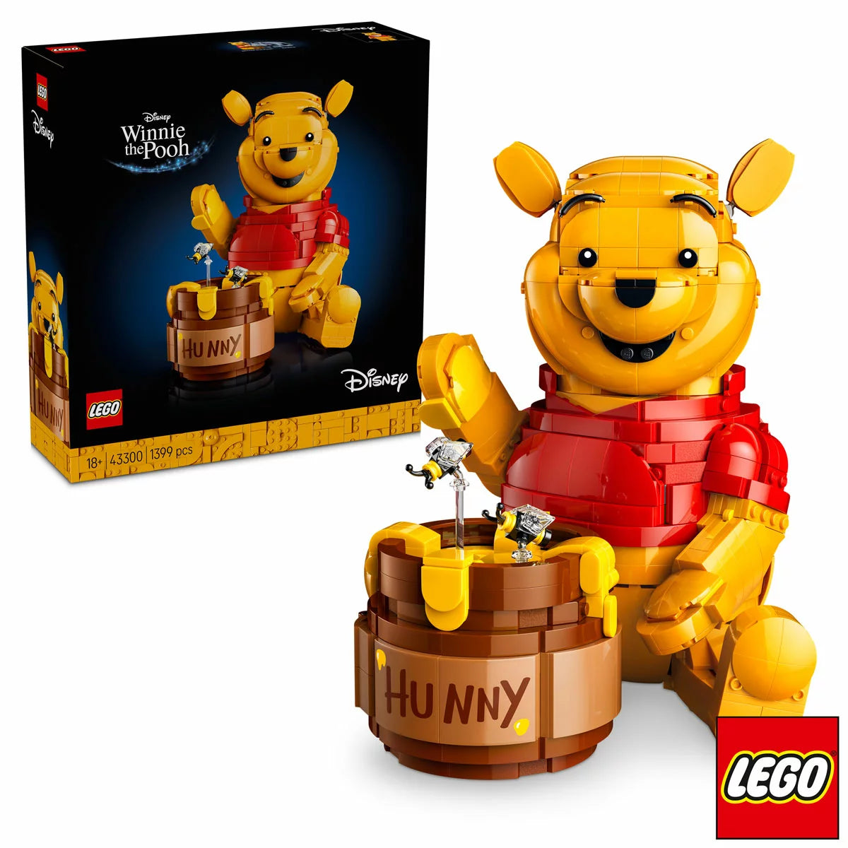 Three-quarter studio view of the built yellow LEGO 43300 Winnie the Pooh figure standing next to an open clay-colored honey pot revealing tiny interior rooms.