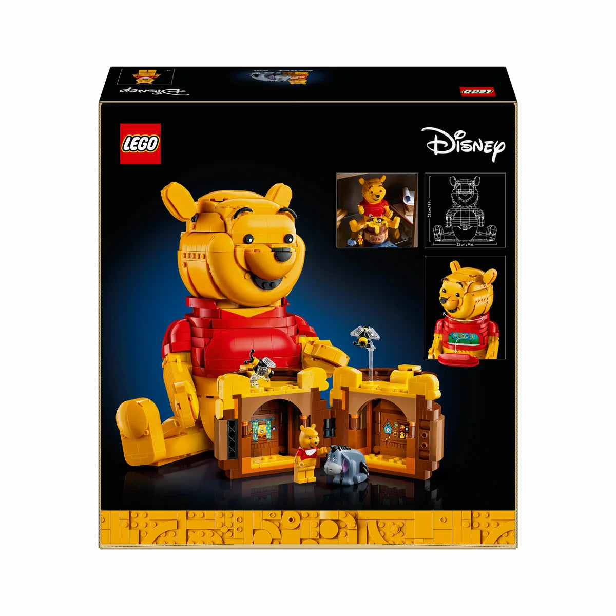 Three-quarter studio view of the built yellow LEGO 43300 Winnie the Pooh figure standing next to an open clay-colored honey pot revealing tiny interior rooms.
