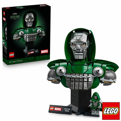 Front angle view of the completed metallic gray and green LEGO Doctor Doom Bust model 76345 on a dark wooden surface.