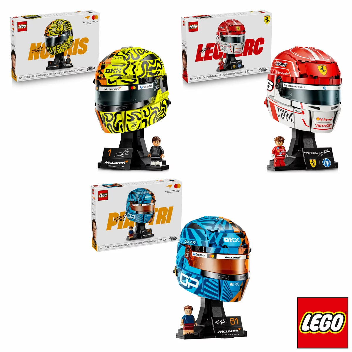 Three-quarter angle shot of the completed LEGO Formula 1 helmet model displayed on its black stand next to the driver minifigure on a dark desk.