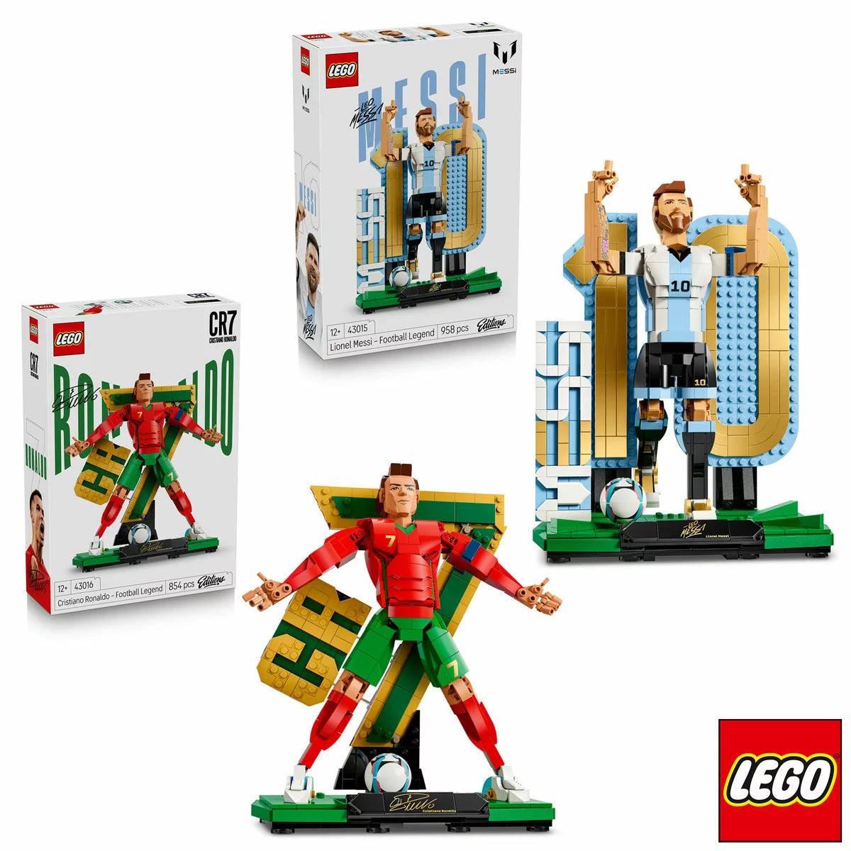 Front display angle of the completed LEGO Messi model standing in a victory pose alongside the custom football element, printed name plaque, and jersey backdrop on a dark wooden shelf.