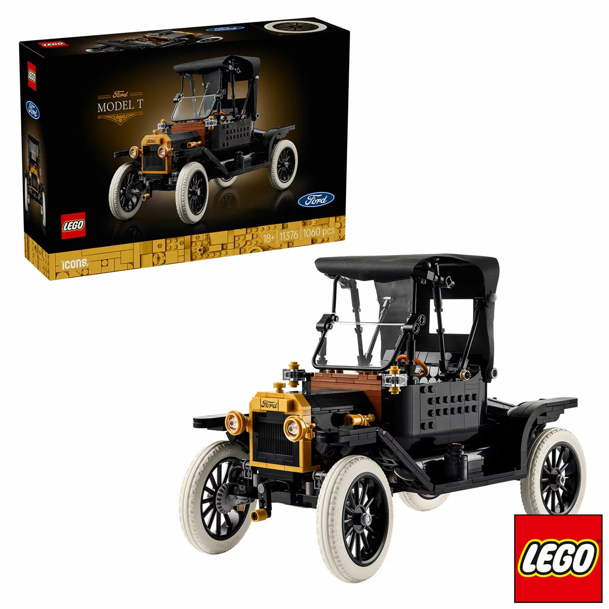 Three-quarter studio view of the built black LEGO Icons 11376 Ford Model T car display piece with gold trims, spoked wheels, white tyres, and an open driver's door.